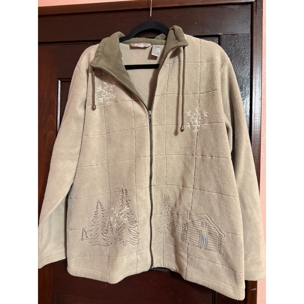 Tanjay Fleece Zip Up Jacket Beige Embroidered Winter Cabin Trees Snowflakes L